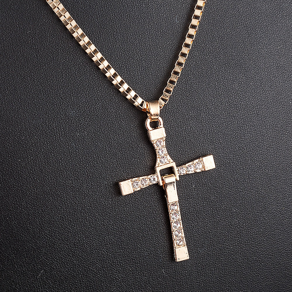 Hip Hop Jewelry Creative Design Cross Pendant Necklace with Rhinestone in Gold Color