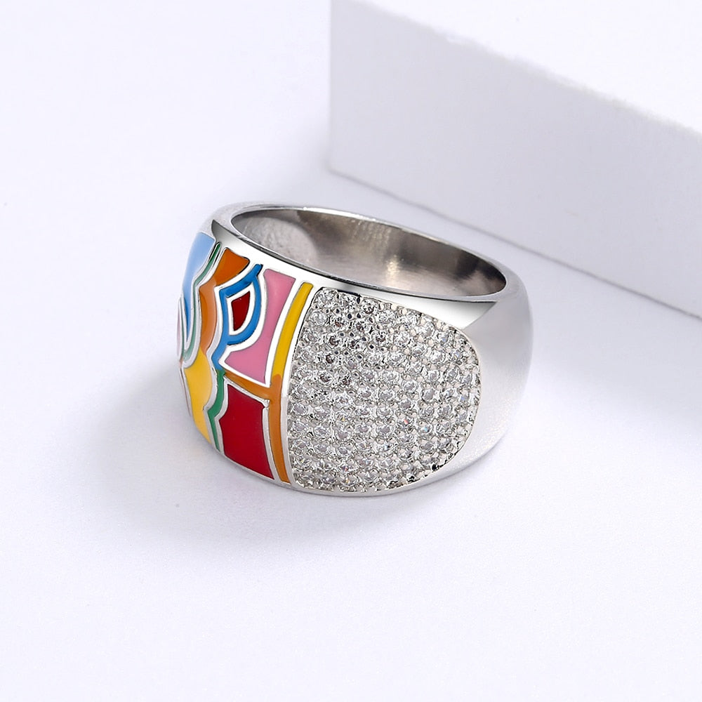 Chinese Style Moire Enamel Rings for Women with Zircon in 925 Sterling Silver