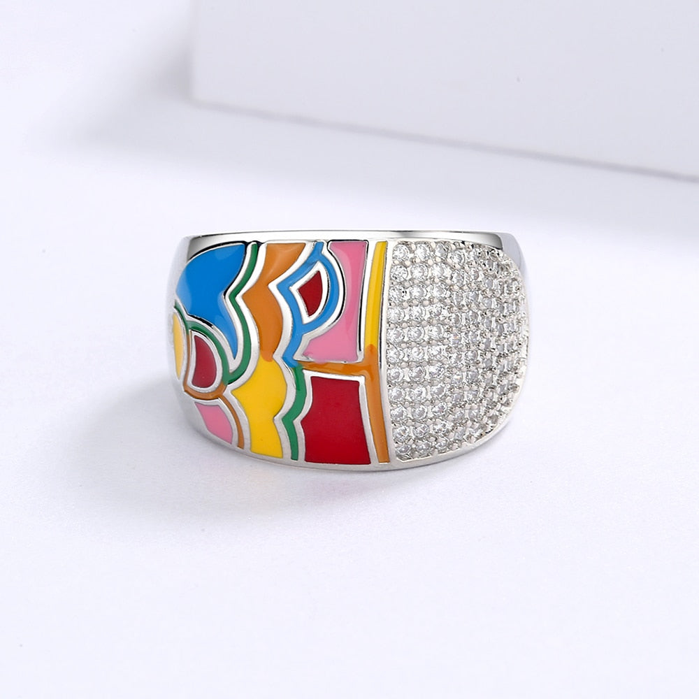Chinese Style Moire Enamel Rings for Women with Zircon in 925 Sterling Silver