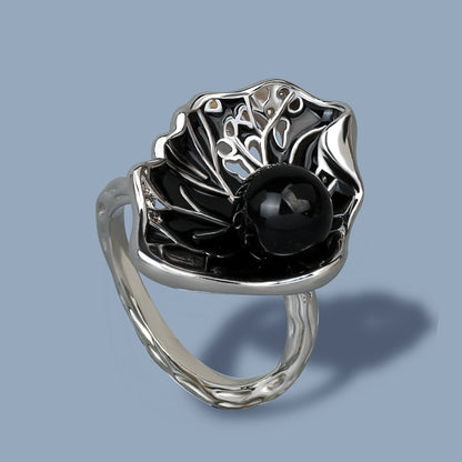 Chinese Jewelry Black Lotus Leaf and Pearl Enamel Ring for Women in Color 925 Silver