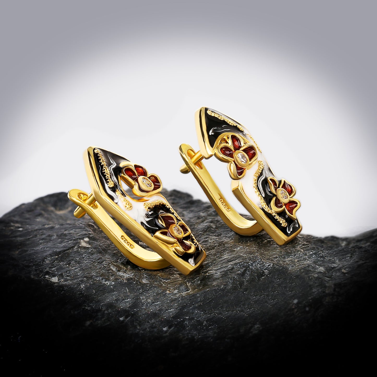 Hollow Flower Enamel Hoop Earrings for Women with Zircon in Gold Silver