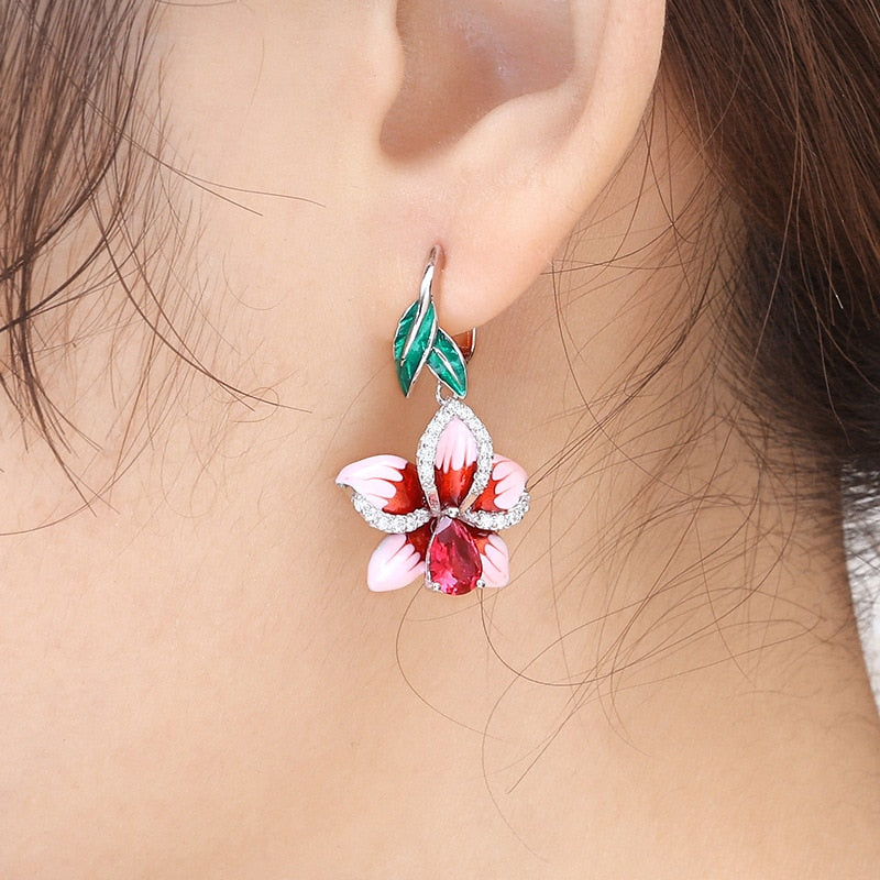 Classic Flower Enamel Drop Earrings for Women with Red Zircon in Silver Color