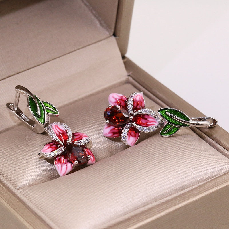 Classic Flower Enamel Drop Earrings for Women with Red Zircon in Silver Color