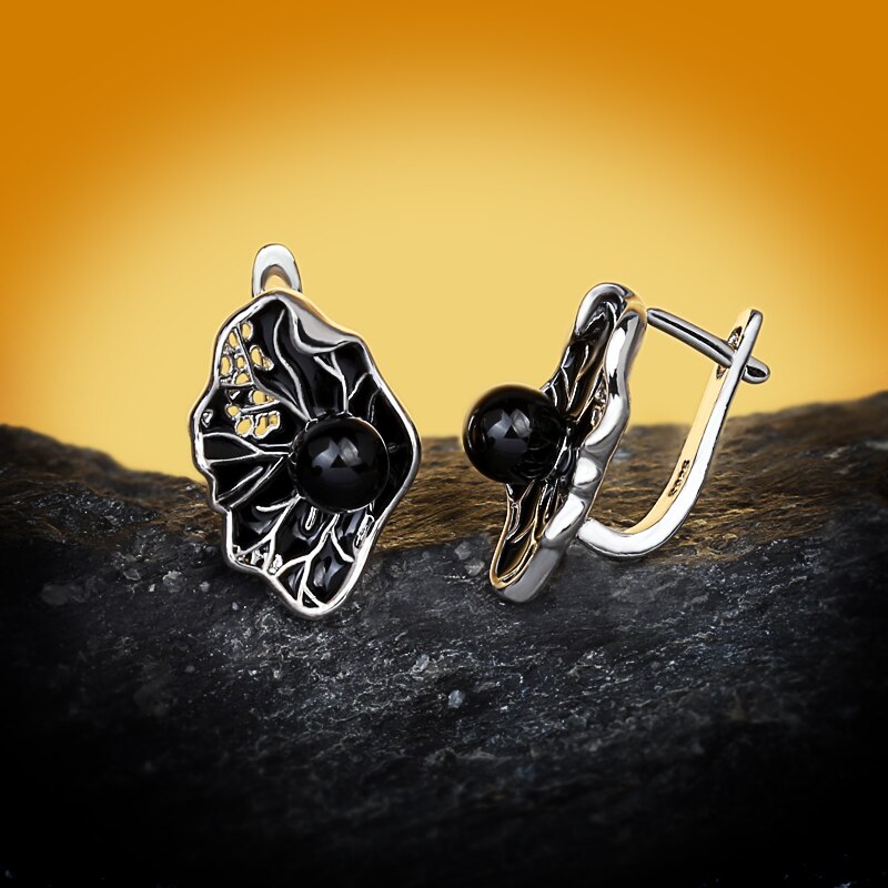 Black Lotus Leaf and Pearl Hoop Earrings for Women in 925 Sterling Silver