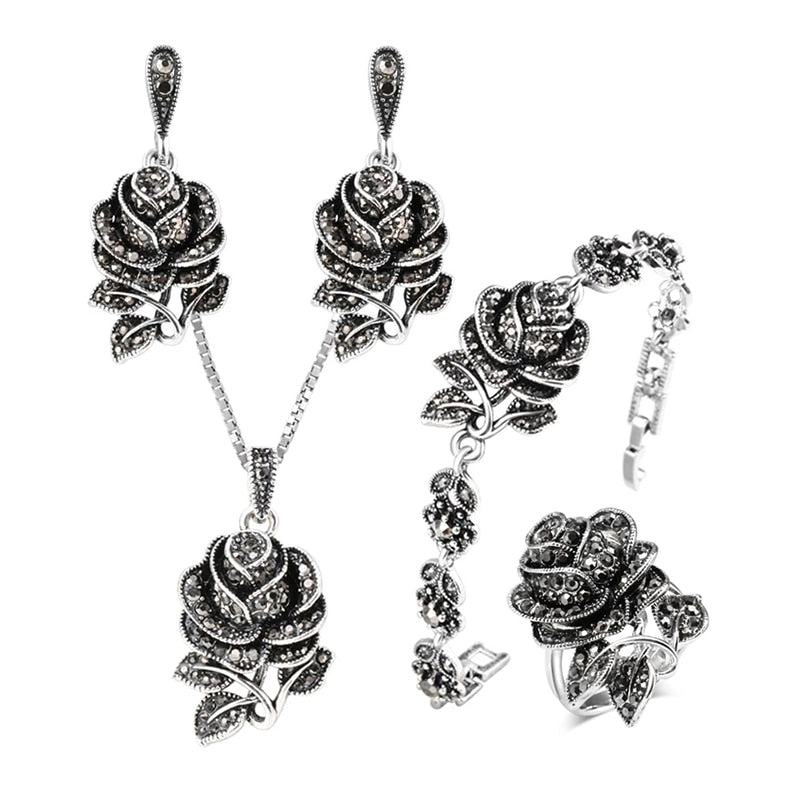 Vintage Jewelry Black Rose Flower Jewelry Set for Bridesmaids with Cubic Zircon in Silver Color