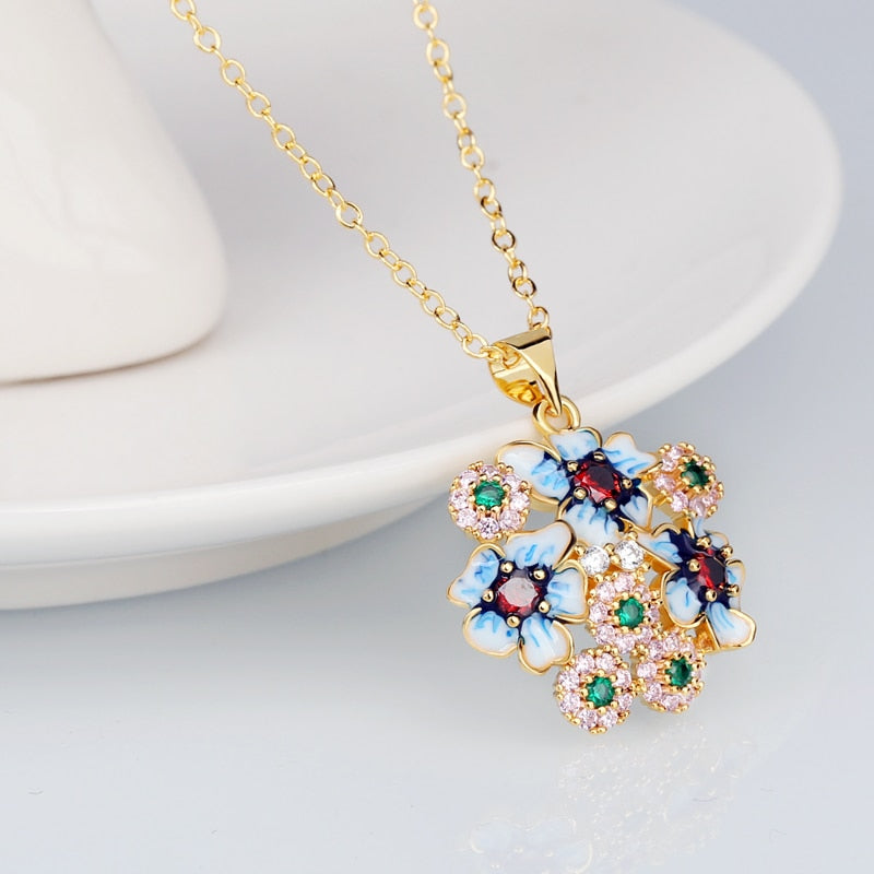 Exquisite Colorful Flower Enamel Pendant Necklaces in 925 Sterling Silver