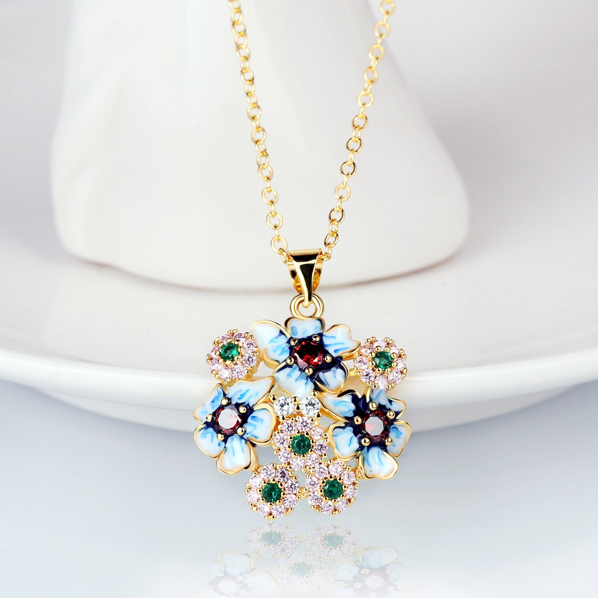 Exquisite Colorful Flower Enamel Pendant Necklaces in 925 Sterling Silver