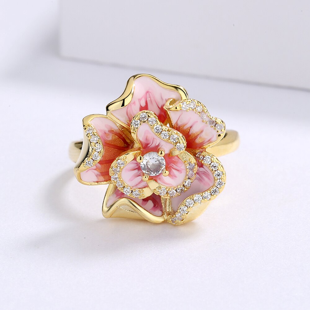 Exquisite Pink Flower Enamel Ring for Women with Zircon in 925 Sterling Silver