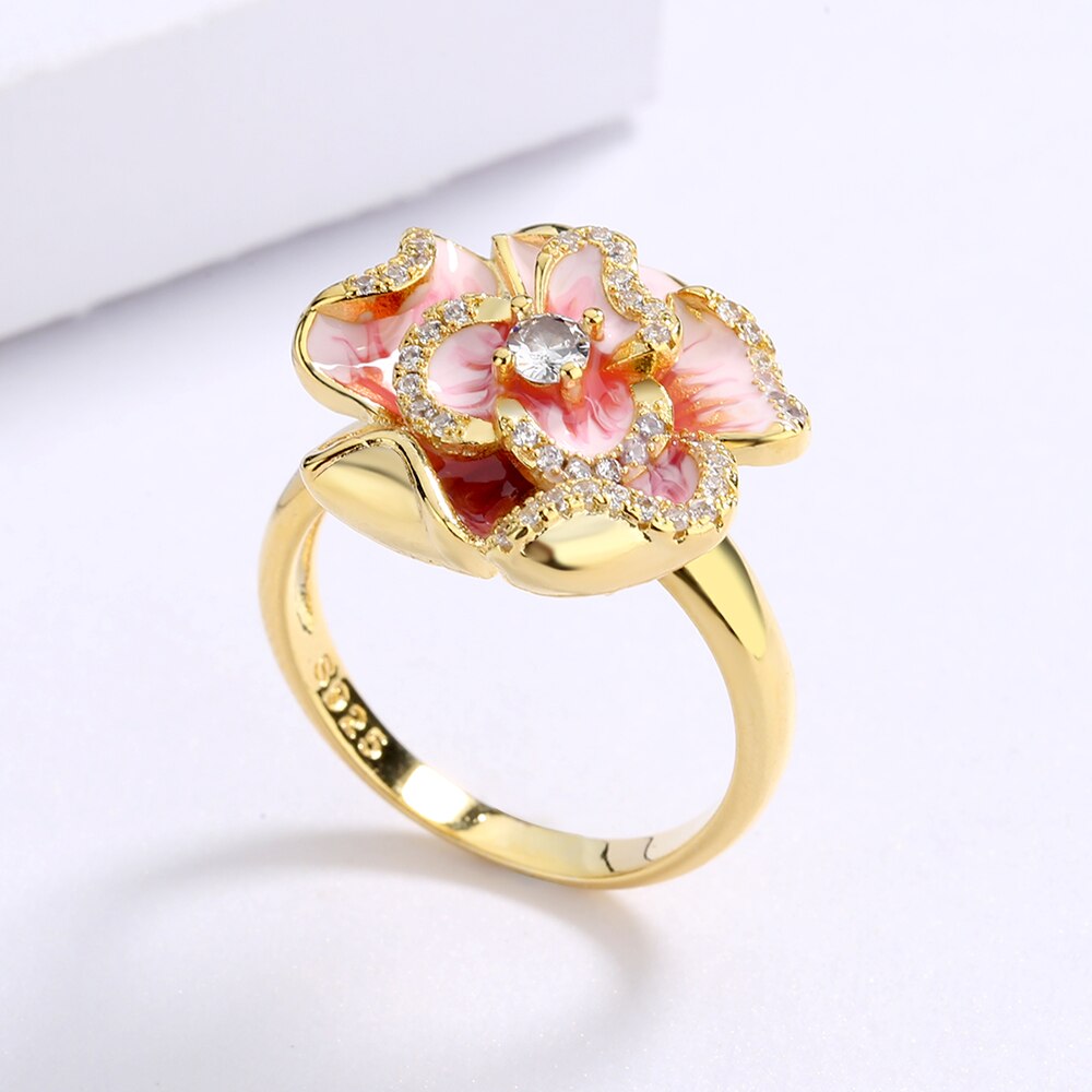 Exquisite Pink Flower Enamel Ring for Women with Zircon in 925 Sterling Silver