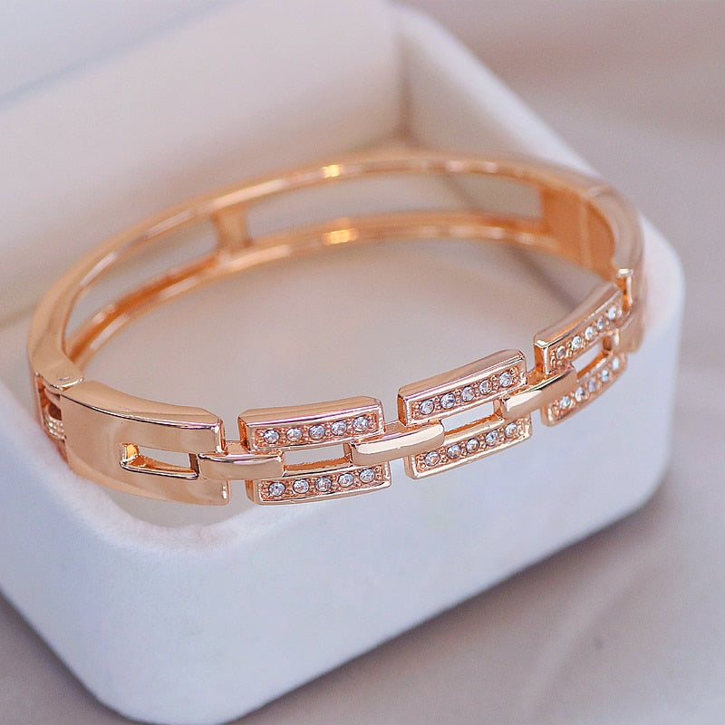 Trendy Jewelry Charm Cuff Bangle Bracelet for Women with Rhinestone in Rose Gold Color