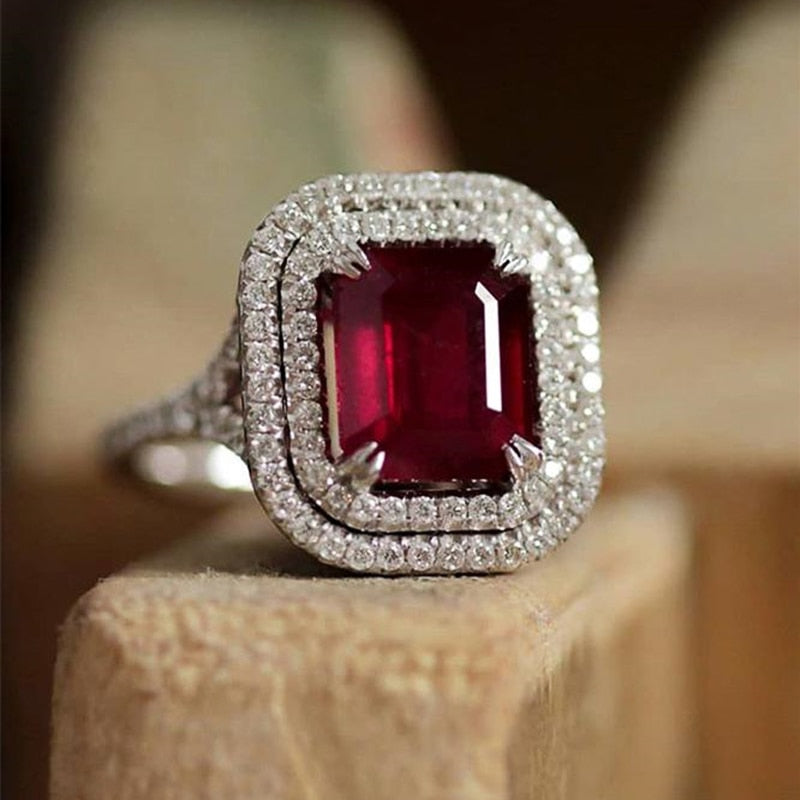 Romantic Jewelry Charm Red Radiant Cut Cubic Zircon Cocktail Ring for Women