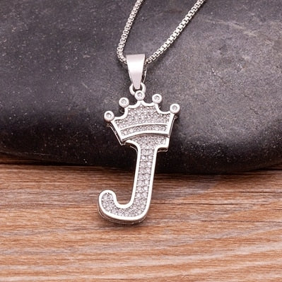 Fashion Crown Initials Necklace with Initial A-Z Zirconia in Silver Color