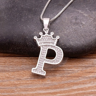 Fashion Crown Initials Necklace with Initial A-Z Zirconia in Silver Color