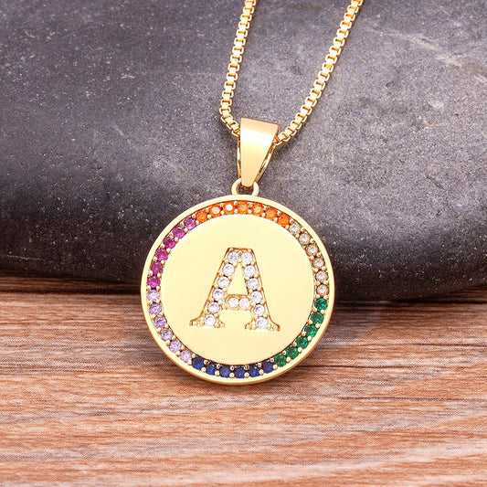 Rainbow coin necklace with initial A-Z for Women and Men in Gold Color