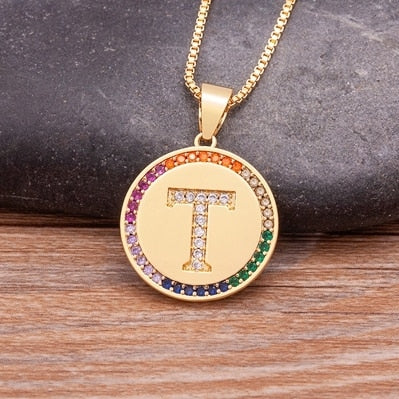 Rainbow coin necklace with initial A-Z for Women and Men in Gold Color