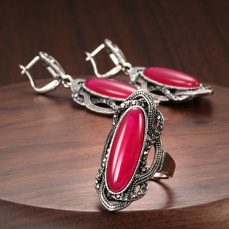 Bohemia Jewelry Oval Red Stone Jewelry Set for a Friend with Zircon in Silver Color