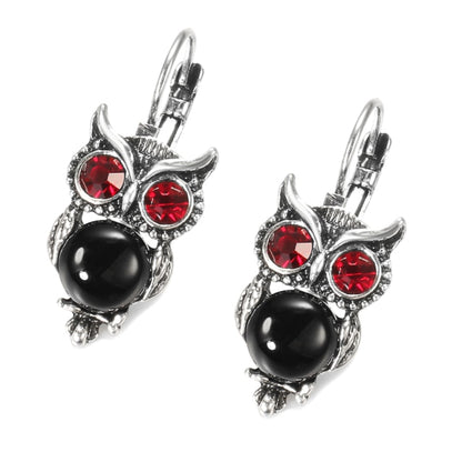 Animal Jewelry Red Eye Owl Jewelry Set for a Friend with Crystal in Silver Color