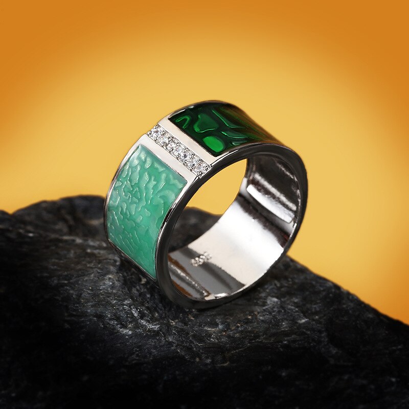 Green Geometric Enamel Ring for Women with Zircon in 925 Sterling Silver