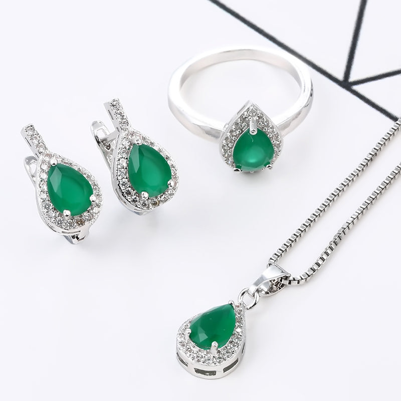 Water Drop Jewelry Set for Wedding with Green Stone in Silver Color Wedding Jewelry