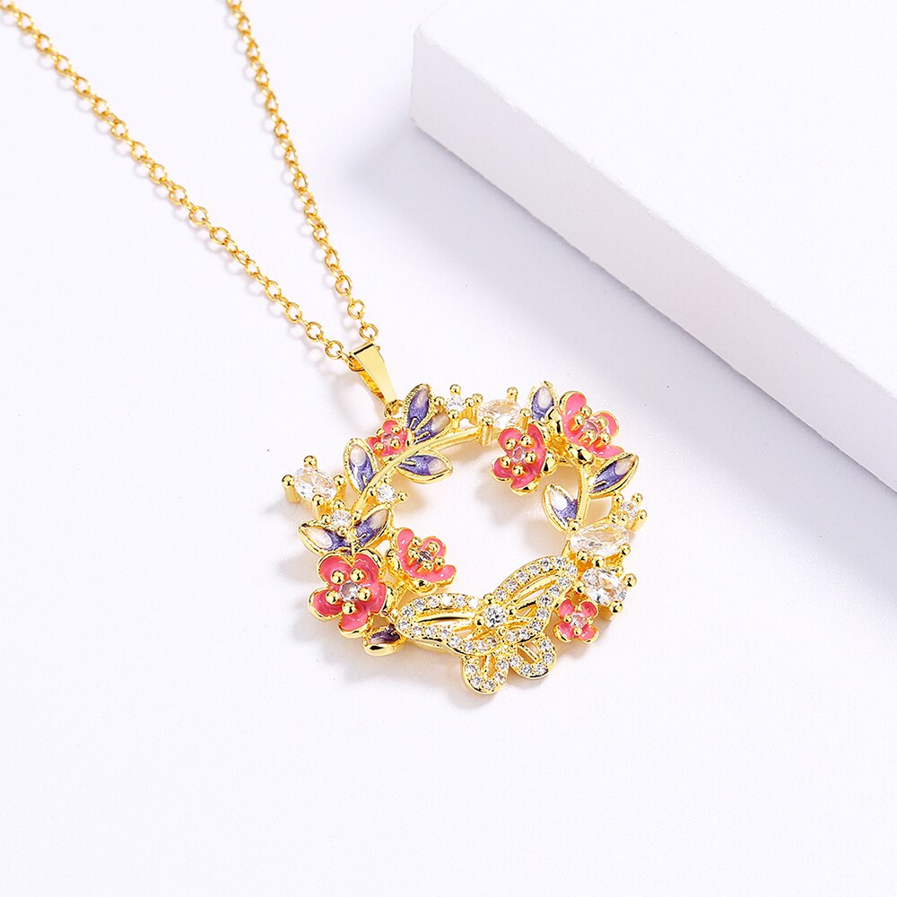Fashion Jewelry Petite flowers Enamel Pendant Necklaces for Women with Zircon