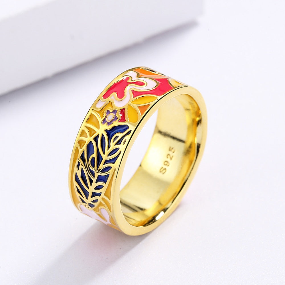 Fashion Jewelry Small Color Flower Enamel Band Ring in 925 Sterling Silver