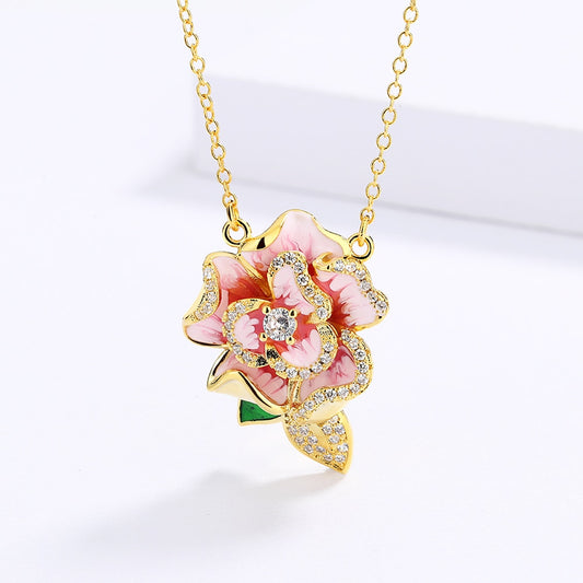 Fashion Jewelry Big Pink Flower Enamel Pendant Necklaces with Zircon in Gold Silver