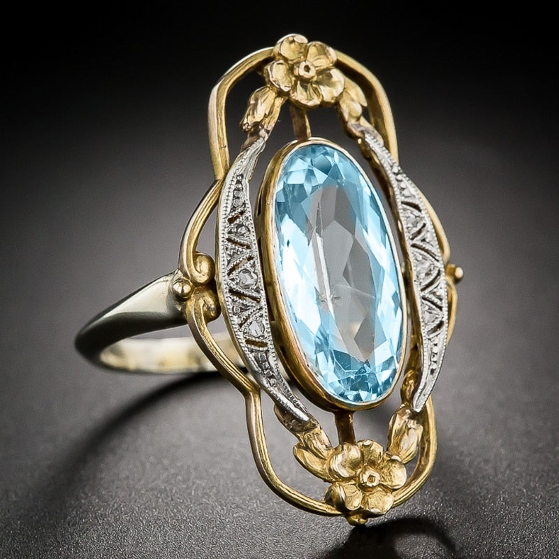 Vintage Jewelry Two Tone Flower Rings with Oval Cut Blue Zircon for Women in Silver Color