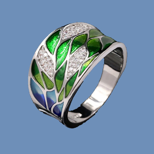 Fashion Jewelry Green Leaves Enamel Band Ring with Zircon in 925 Sterling Silver