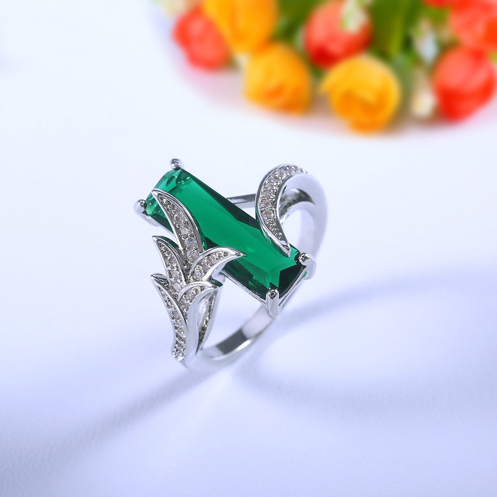 Fashion Jewelry Luxury Colorful Rectangular CZ Cocktail Ring for Women