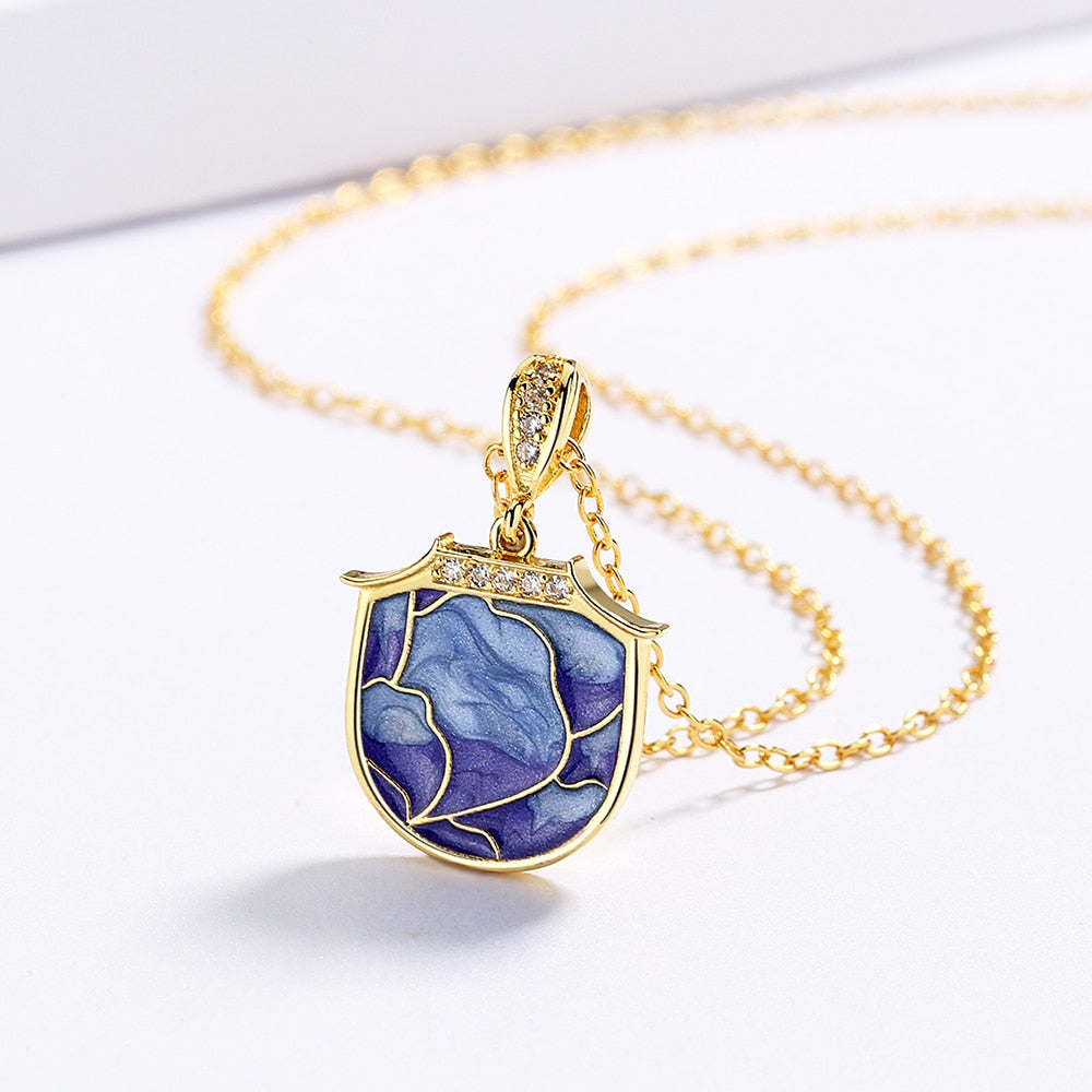 Fashion Jewelry Purple Geometric Enamel Pendant Necklaces with Zircon in Gold Color