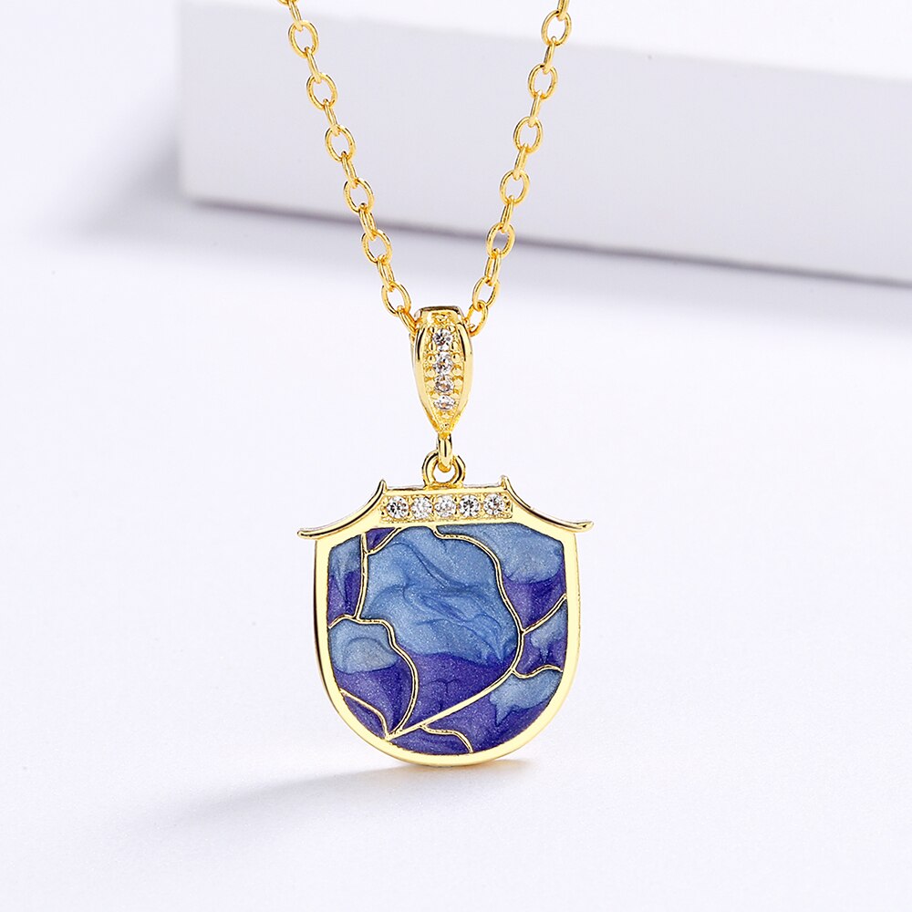 Fashion Jewelry Purple Geometric Enamel Pendant Necklaces with Zircon in Gold Color