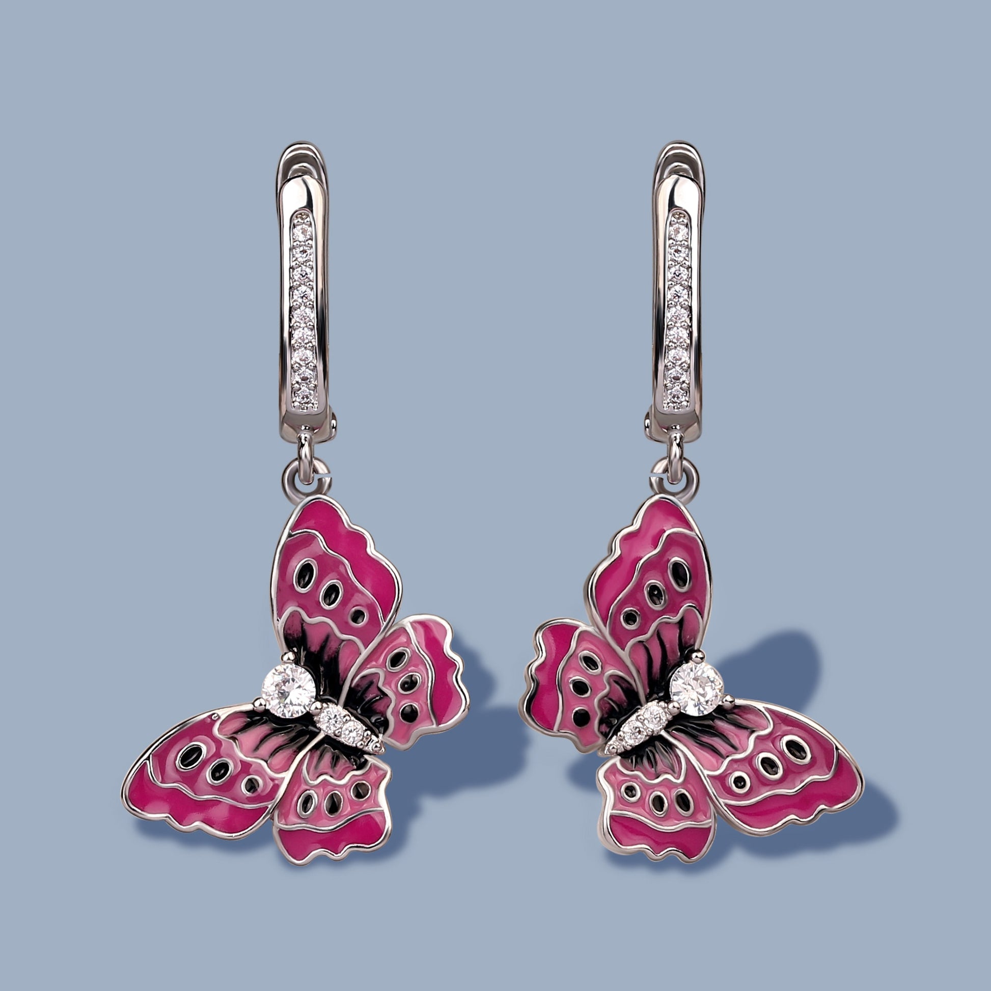 Pink Butterfly Enamel Drop Earrings for Women with Zircon in 925 Sterling Silver