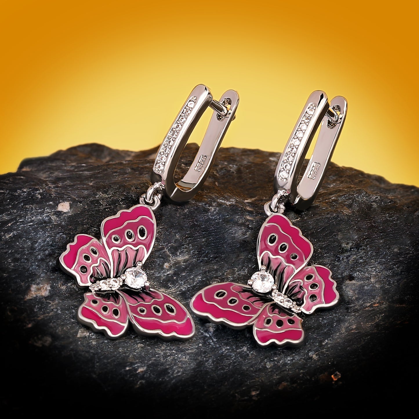 Pink Butterfly Enamel Drop Earrings for Women with Zircon in 925 Sterling Silver