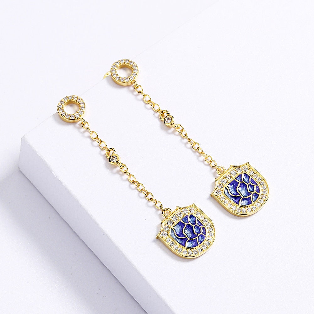 Purple Geometric Tassel Enamel Drop Earrings for Women with Zircon in Gold Silver