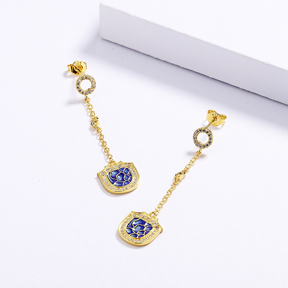 Purple Geometric Tassel Enamel Drop Earrings for Women with Zircon in Gold Silver