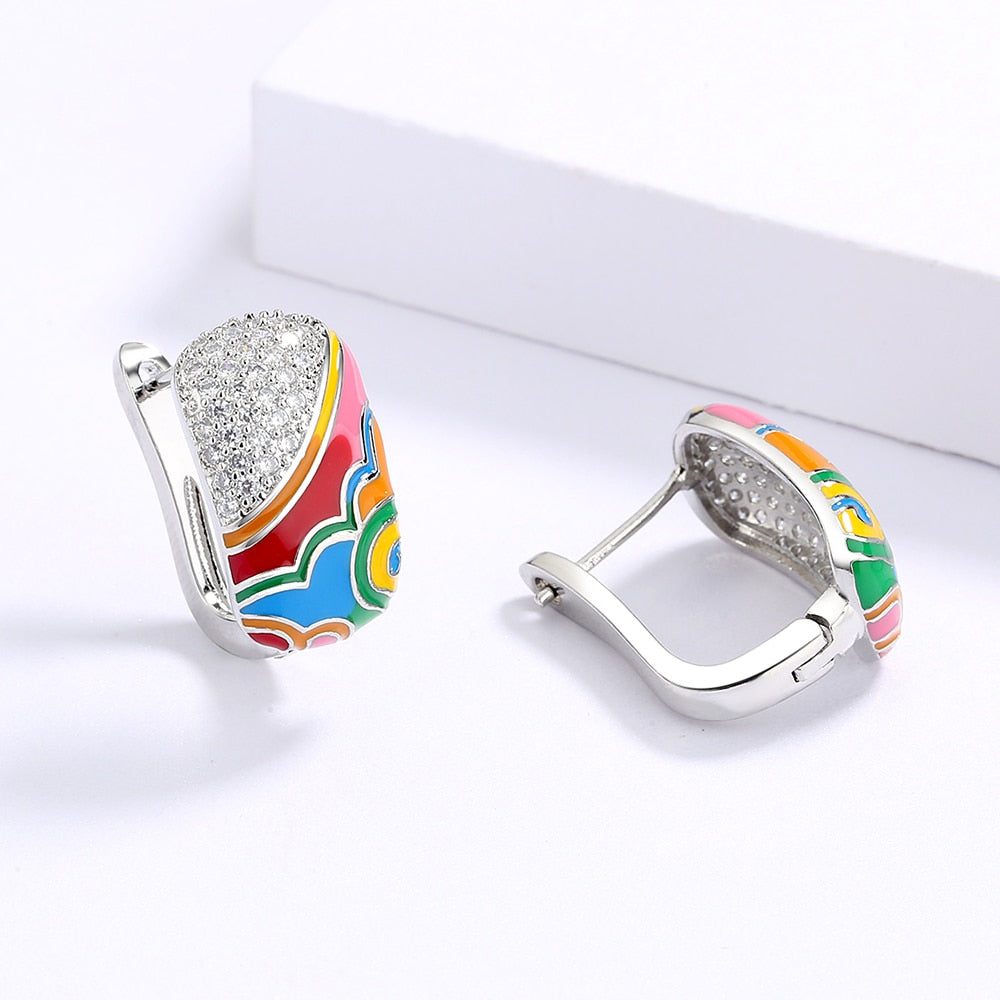 Chinese Style Moire Enamel Drop Earrings for Women with Zircon in 925 Sterling Silver