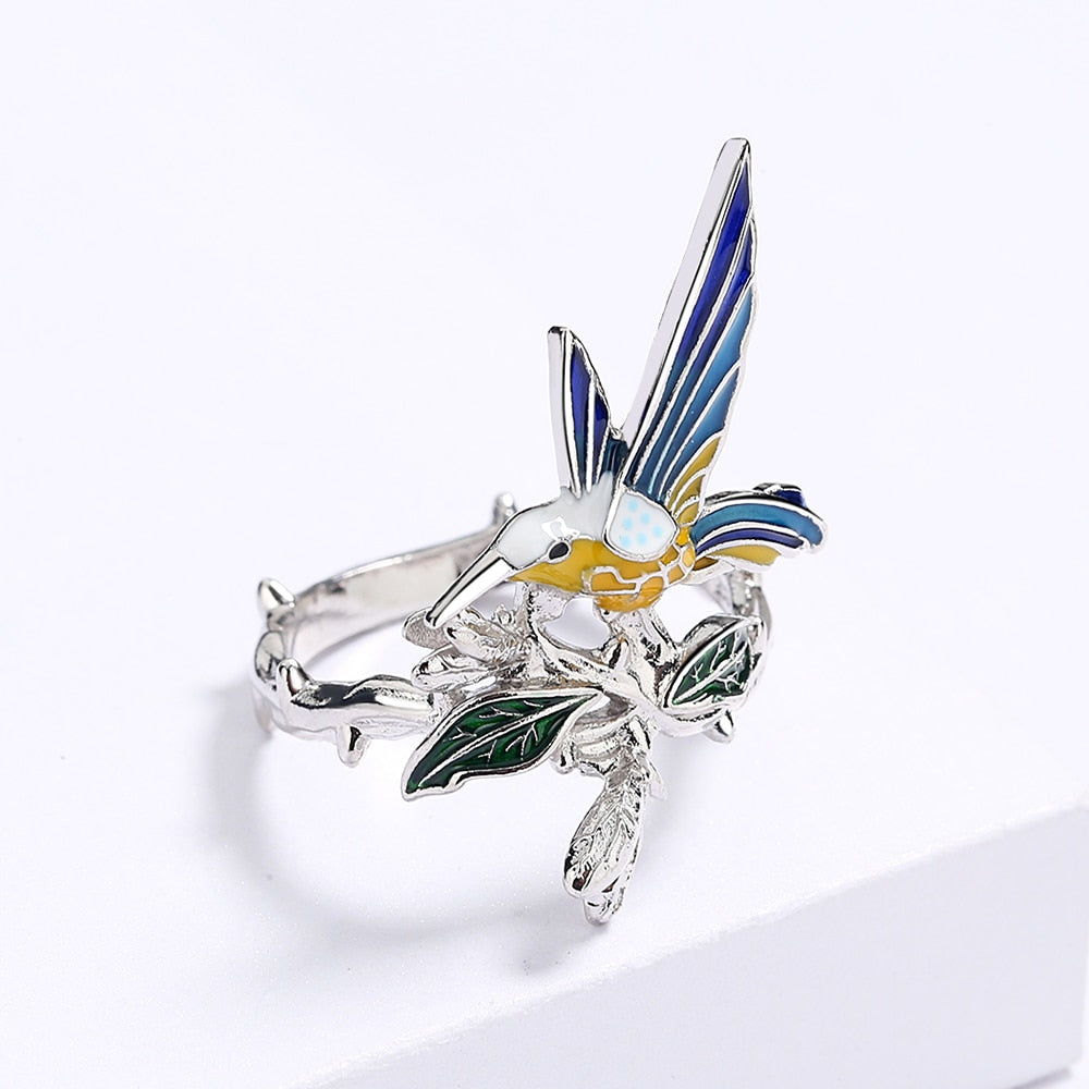 Animal Jewelry Creative Blue Hummingbird Enamel Ring for Women in Silver Color