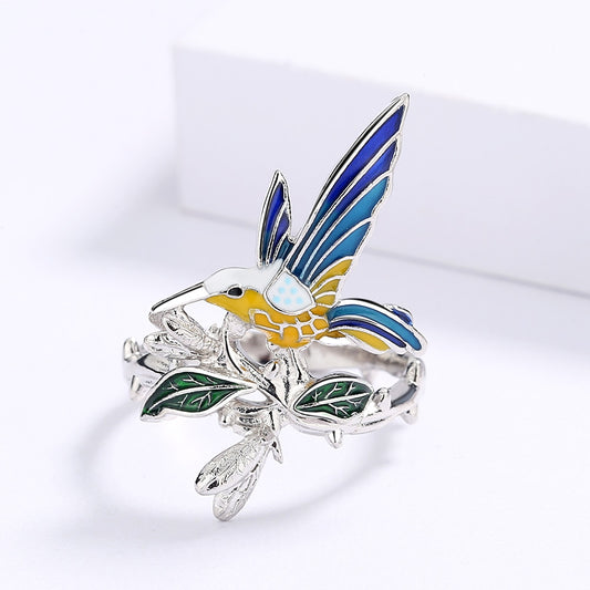 Animal Jewelry Creative Blue Hummingbird Enamel Ring for Women in Silver Color