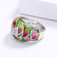 Ethnic Style Lotus Flower Enamel Cocktail Ring for Women with Zircon in Silver Color