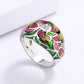 Ethnic Style Lotus Flower Enamel Cocktail Ring for Women with Zircon in Silver Color
