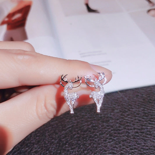 Micro Pave Deer Stud Earrings for Women with Zircon in 925 Sterling Silver