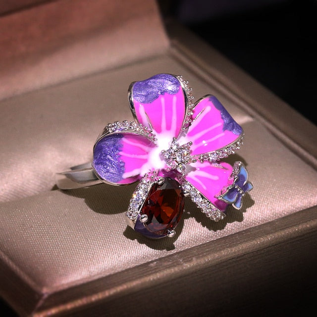 Purple Flower and Butterfly Enamel Ring for Women with Zircon in Silver Color