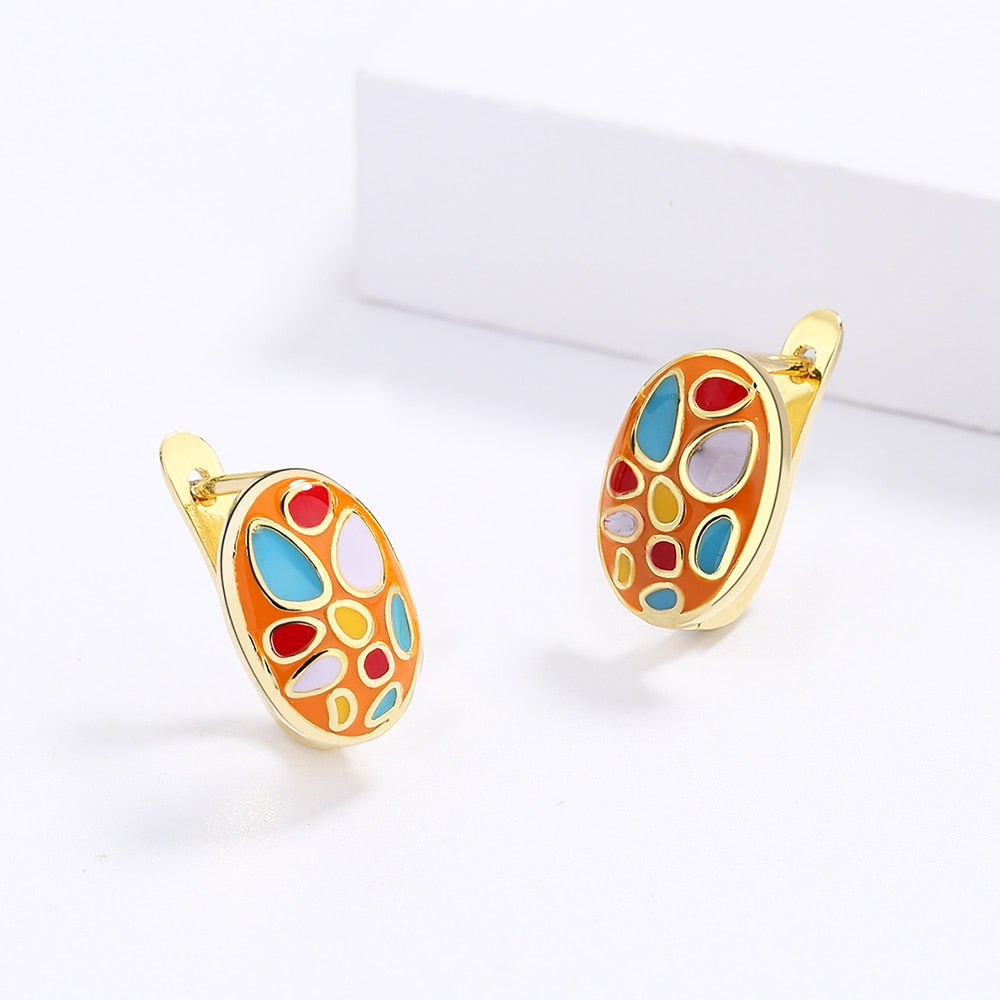 Fashion Jewelry Color Stones Enamel Hoop Earrings for Women in Gold Color