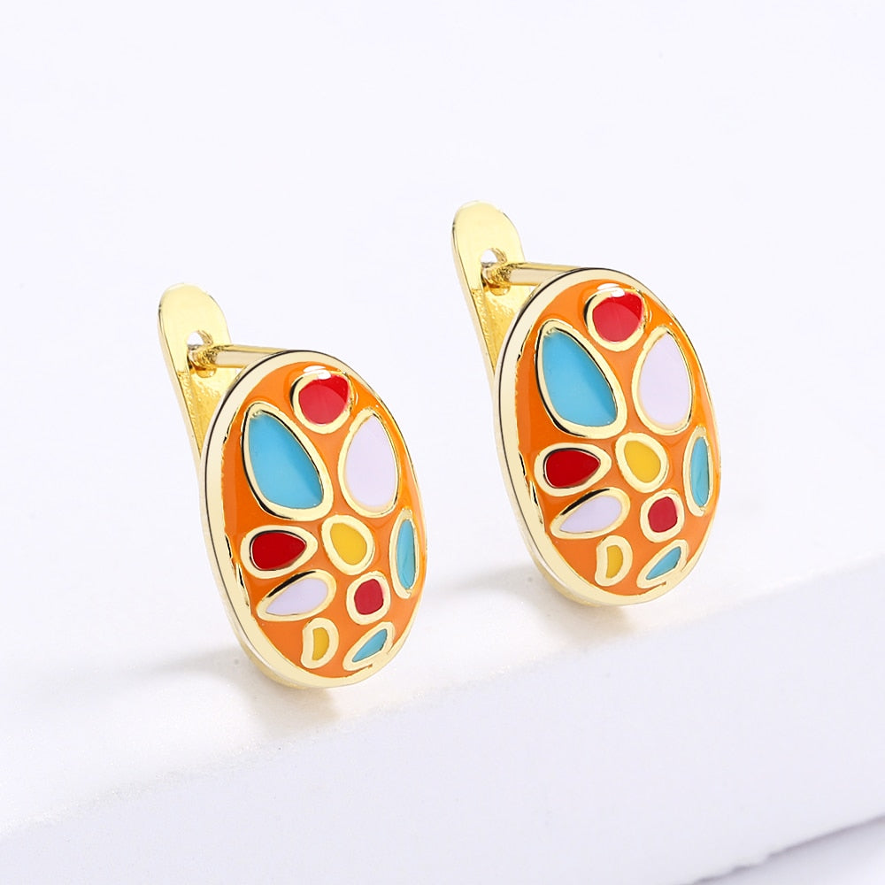 Fashion Jewelry Color Stones Enamel Hoop Earrings for Women in Gold Color