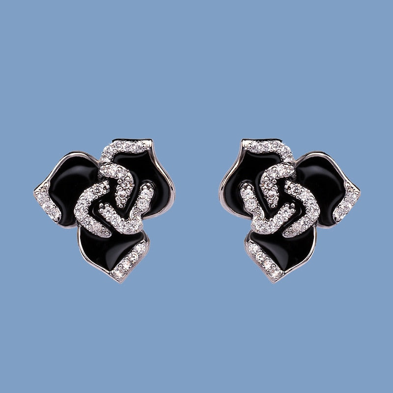 Black Flower Stud Earrings for Women with Zircon in 925 Sterling Silver