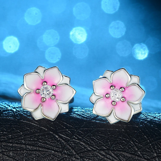 Peach Blossom Epoxy Stud Earrings for Women with Zircon in 925 Sterling Silver