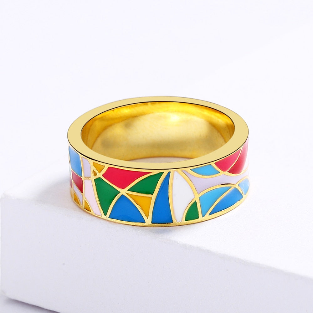 Fashion Jewelry Irregular Geometric Enamel Ring for Women in Gold Color