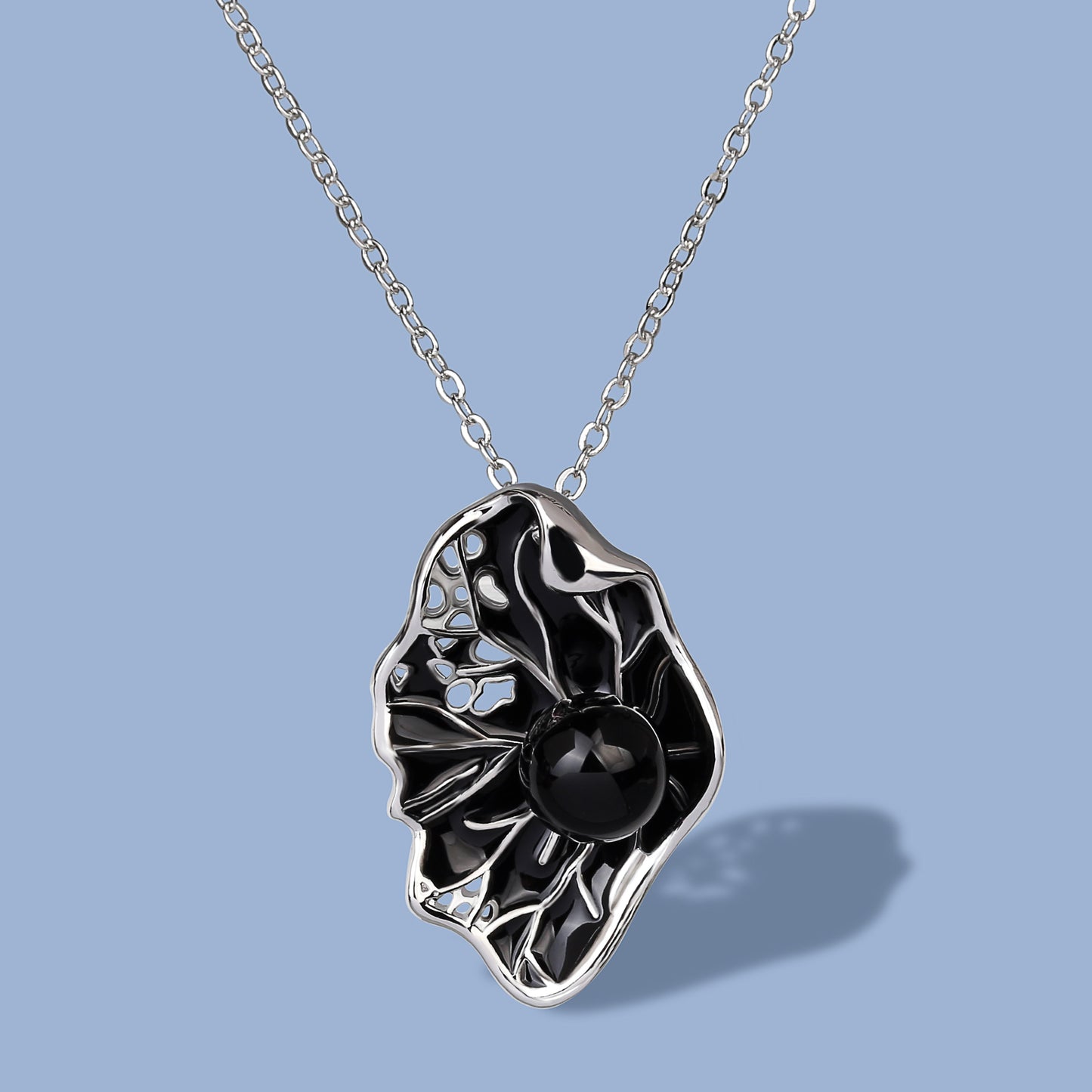Black Lotus Leaf and Pearl Enamel Pendant Necklaces in 925 Sterling Silver