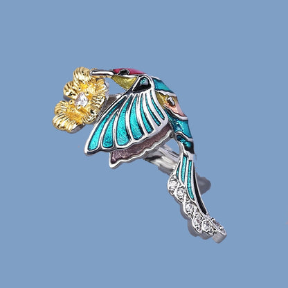 Creative Hummingbird and Flower Enamel Ring for Women with Zircon in Silver Color