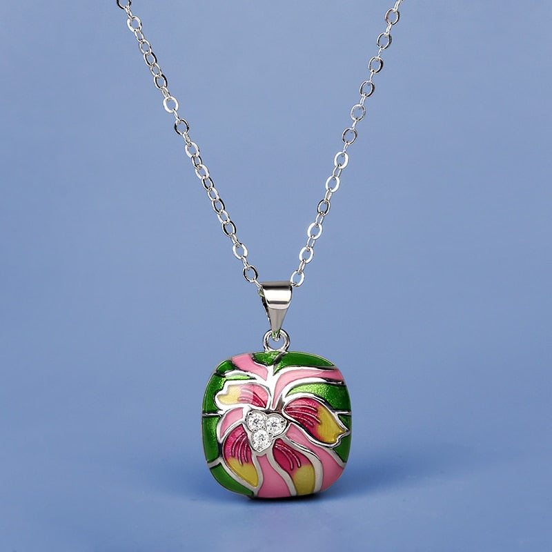 Fashion Jewelry Ethnic Style Lotus Flower Enamel Pendant Necklaces with Zircon